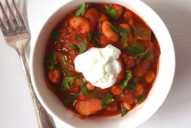 Lebanese Vegetarian Stew in a dish with a fork