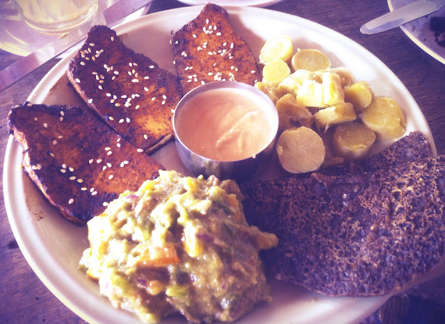 Pan Seared Tofu with Peanut Sauce, Boiled Sweet Potato, Avocado Cream Salsa and Finger Millet Dosas