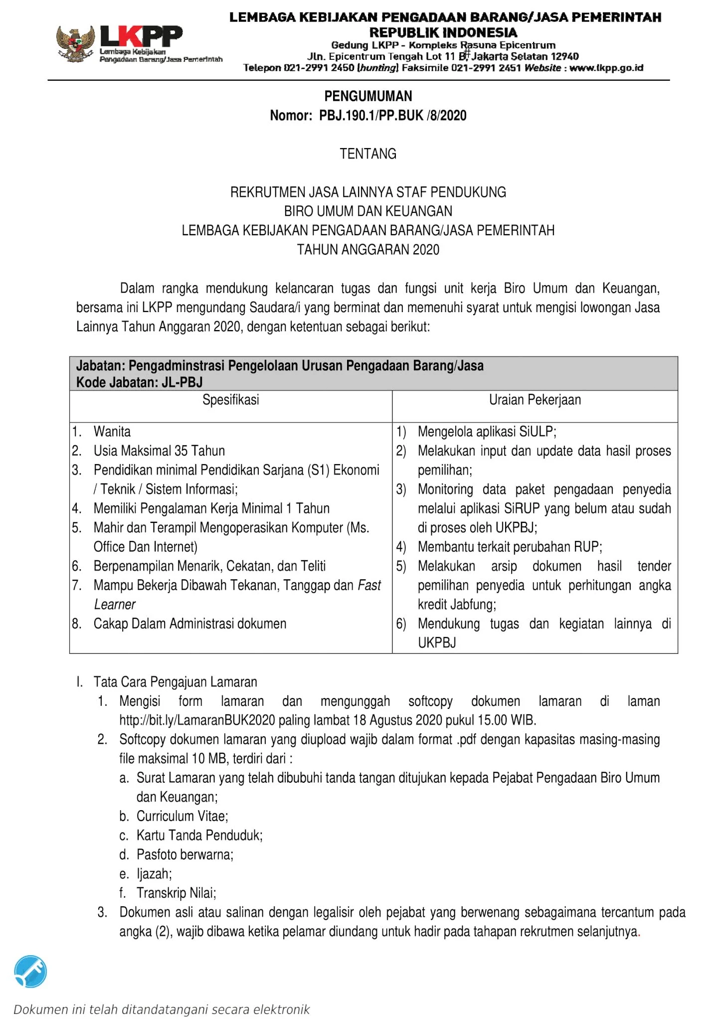 Lowongan Kerja Lembaga Kebijakan Pengadaan Barang Jasa Pemerintah Republik Indonesia Agustus 2020