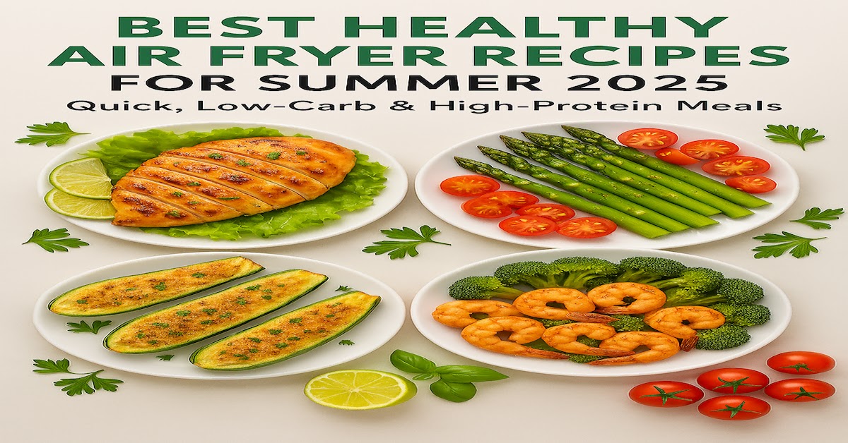 (Healthy Air Fryer Recipes for Quick Summer Dinners) Colorful summer air fryer dishes on a wooden table—low-carb grilled chicken, roasted veggies, and protein-packed bites under sunny vibes