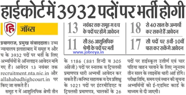 UP Allahabad High Court Vacancy 2022 Apply Online for 3932 posts notification latest news update in hindi