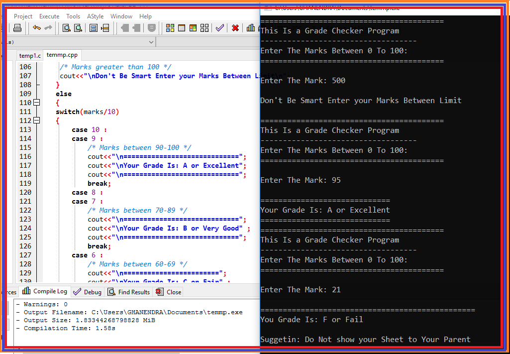 The Output of Program to Display Grade of a Student