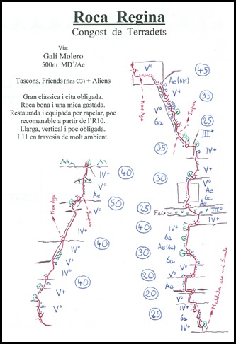 Croquis Terradets - Roca Regina - Gali-Molero 500m MD  6b  Ae (V  A0 Oblig) (romanticguerrer.b)