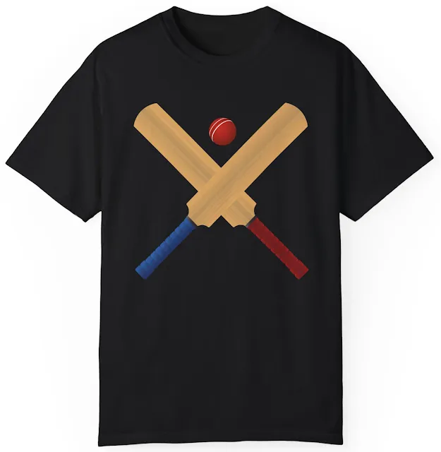 Garment Dyed Personalized Cricket T-Shirt With Smooth Style Crossed Cricket Bats and Red Ball In The Middle