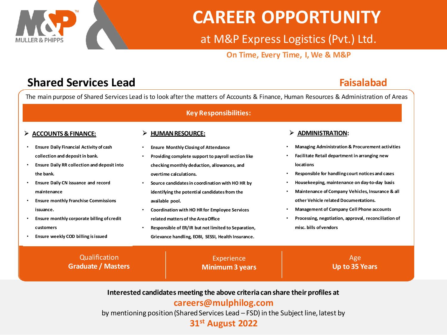 Shared Services Lead opportunity at M&P Express Logistics