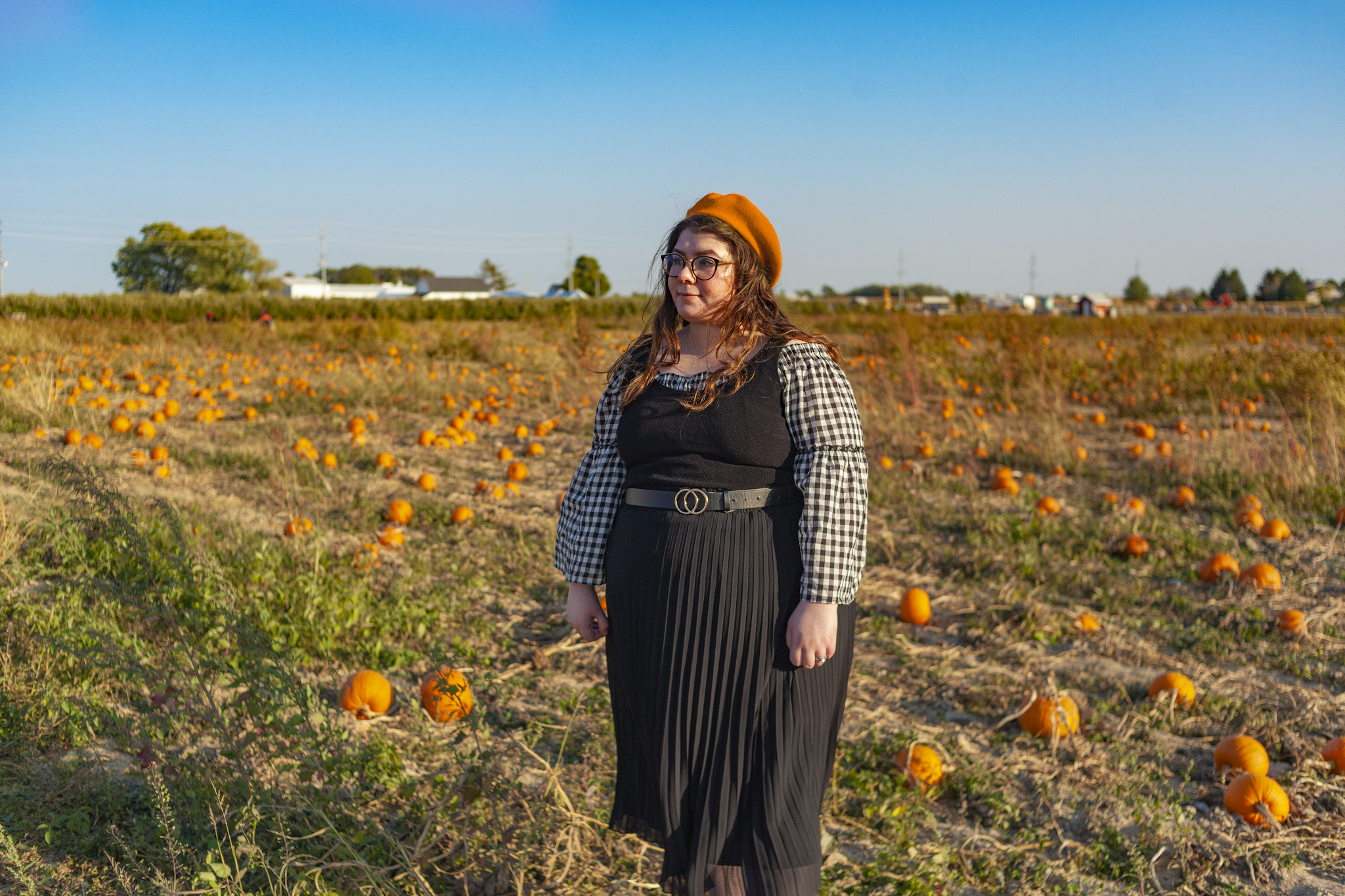 An portrait consisting of a brunette women with a burnt orange beret, wearing a black and white gingham off the shoulder blouse under a sleeveless scoopneck black dress under a black pleated midi skirt.