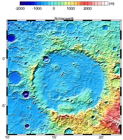 Schiaparelli crater on Mars By NASA - http://ltpwww.gsfc.nasa.gov/tharsis/regional.html, Public Domain