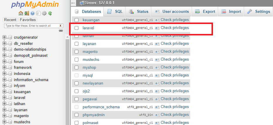 dataase laravel sahretech