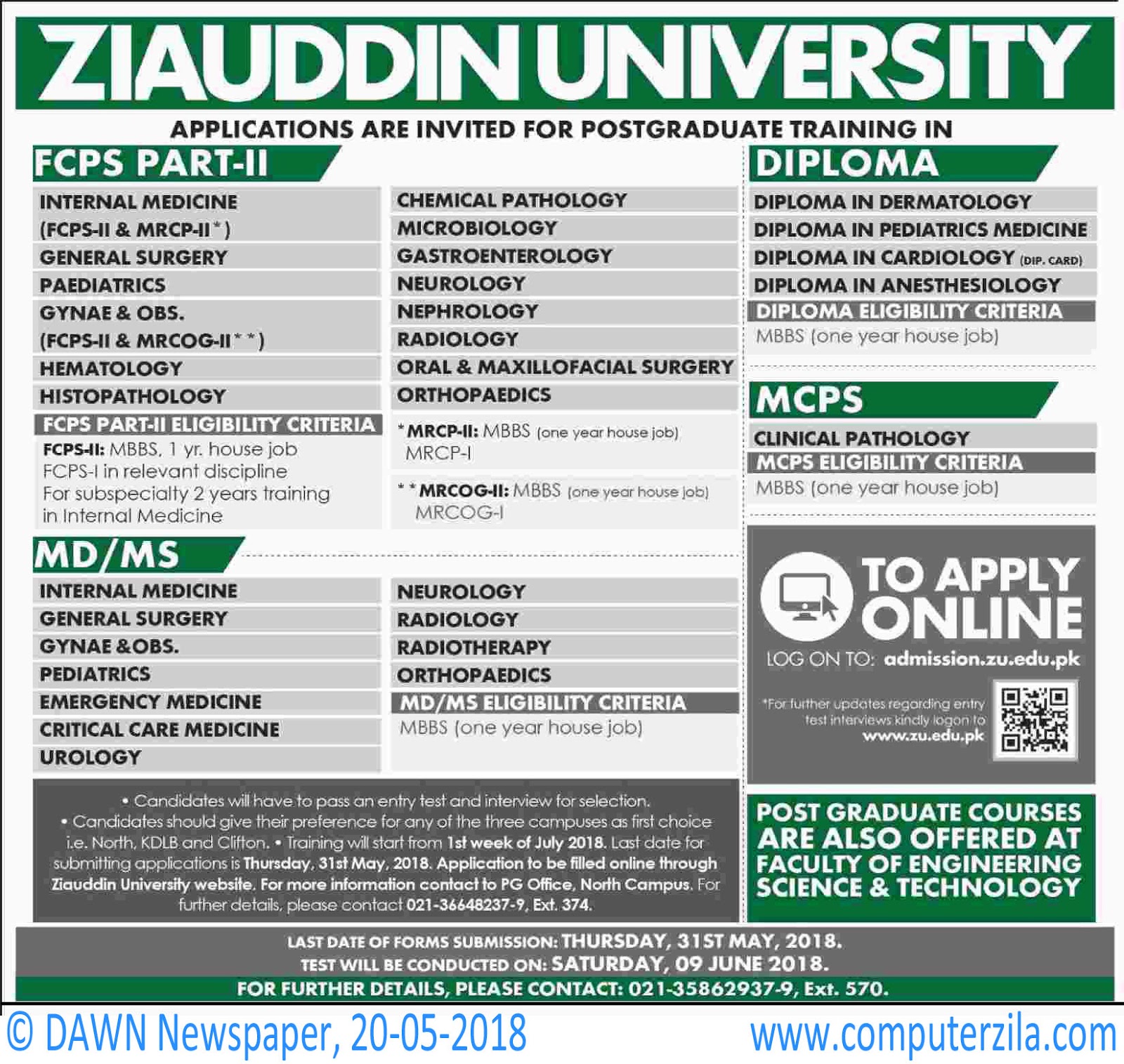 Ziauddin University Admissions Fall 2018