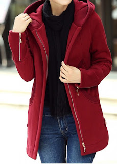 Hooded Collar Zipper Up Wine Red Curved Coat