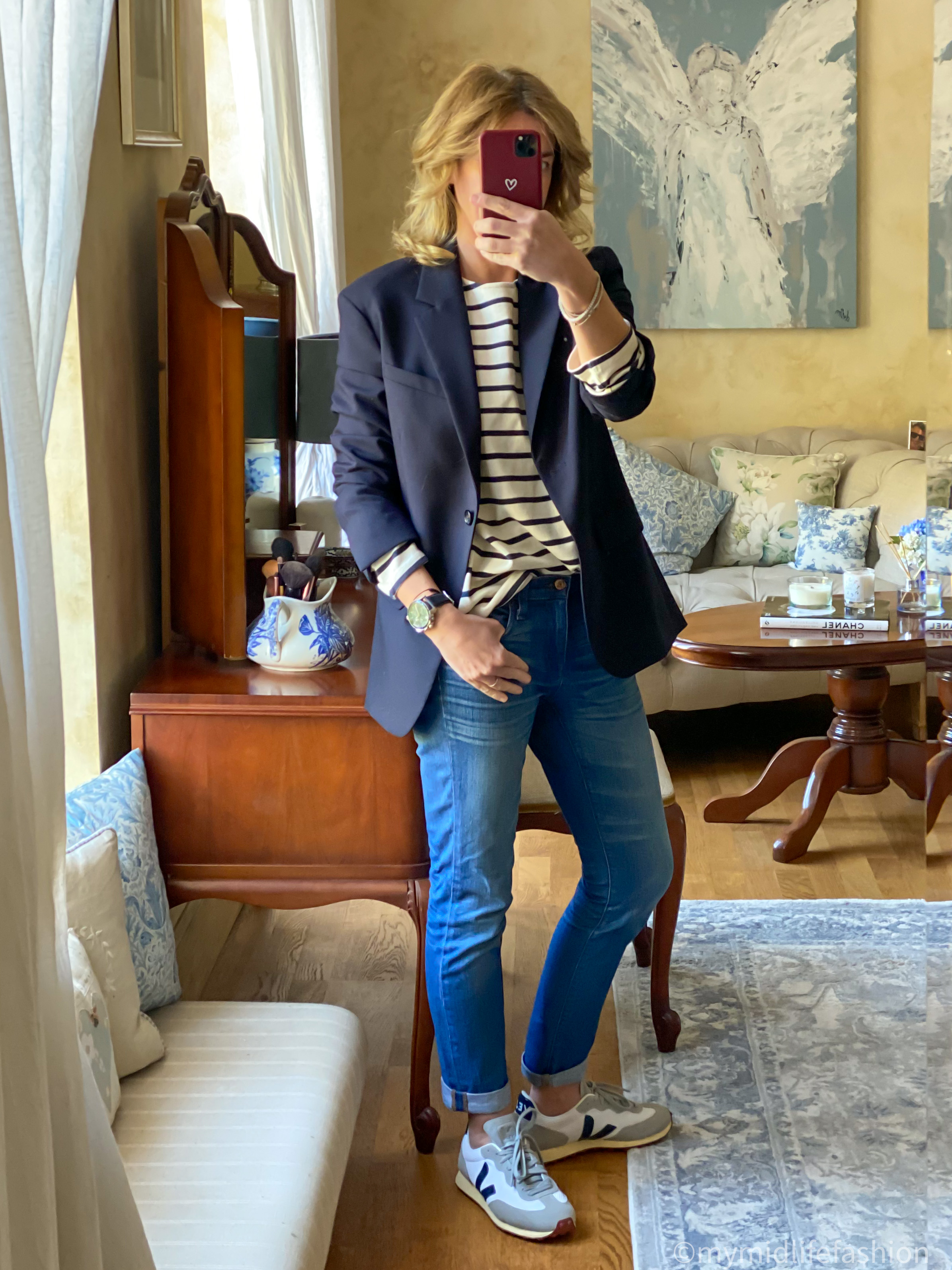 my midlife fashion, ivy the brand Isabella Breton top, arket oversized blazer, j crew boyfriend jean, veja trainers