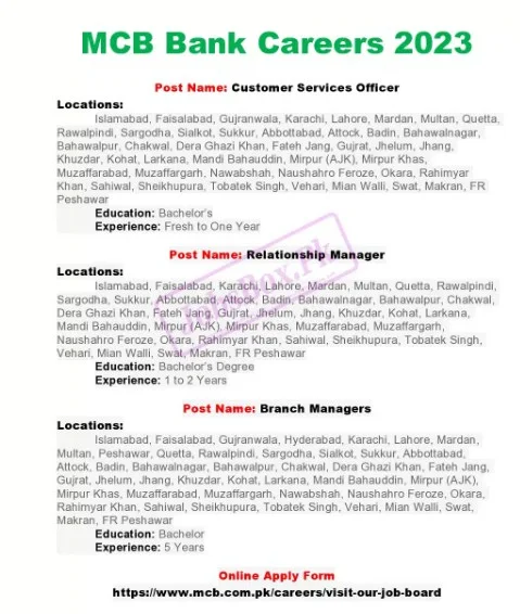 MCB Bank Jobs 2023 for Freshers