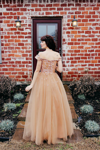 Ledssiwe Off the Shoulder Champagne Tulle A-line Long Prom Dress