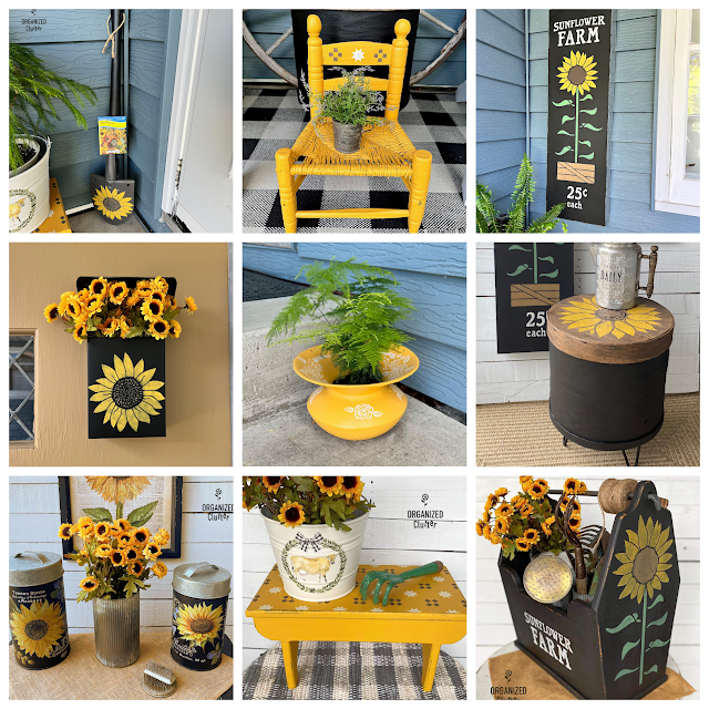 Photo collage of sunflower themed projects created for my summer covered patio.