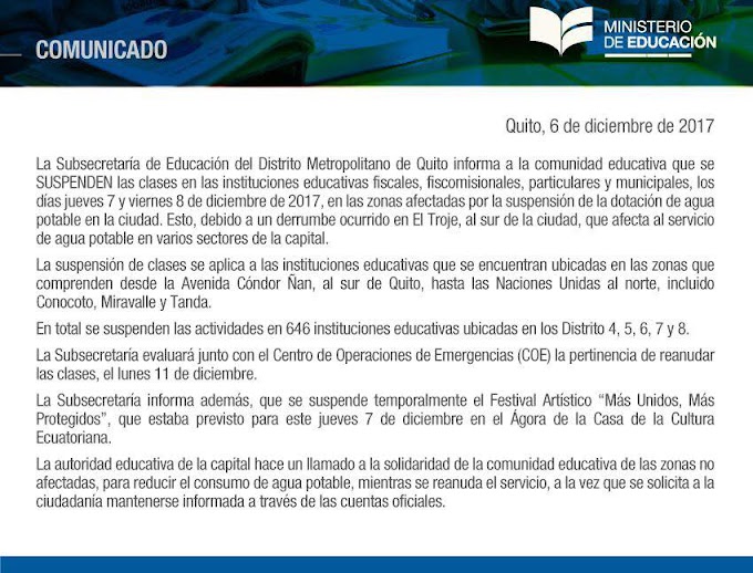 646 Instituciones de Quito no tendrán clases el 7 y 8 de diciembre por corte de agua potable Comunicado Ministerio de Educación