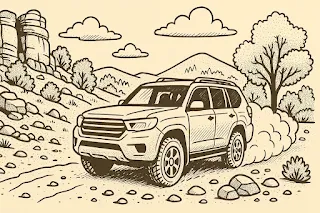 A stylized digital illustration showing an orange recovery shackle attached to a 4x4’s frame, with earthy and rocky terrain, plants, and a distant mountain ridge.