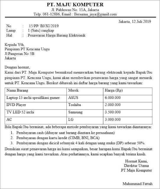 Contoh Surat Penawaran Barang Elektronik (via: suratresmi.net)