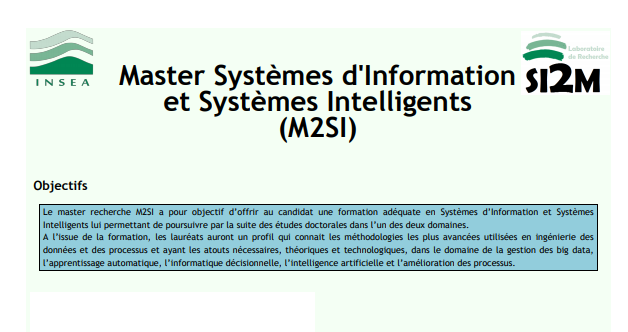 Master Systèmes d'Information et Systèmes Intelligents à l'INSEA Rabat 2020-2021