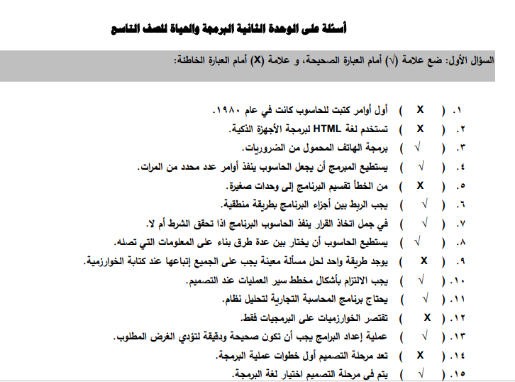 أسئلة محلولة على الوحدة الثانية (البرمجة والحياة) للصف التاسع الفصل الأول