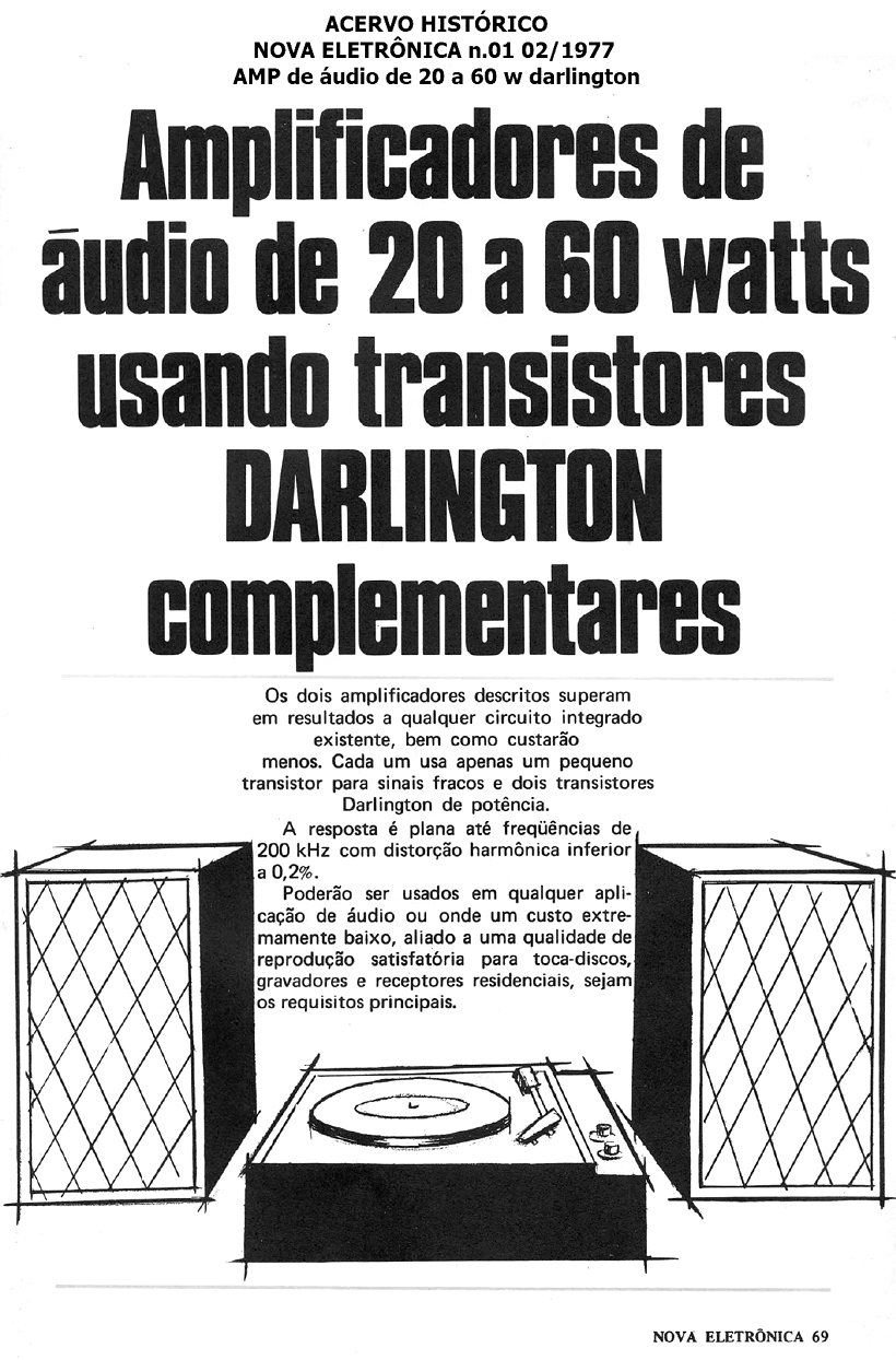 NOVA ELETRÔNICA n.01 02/1977 - AMP de áudio de 20 a 60 w darlington