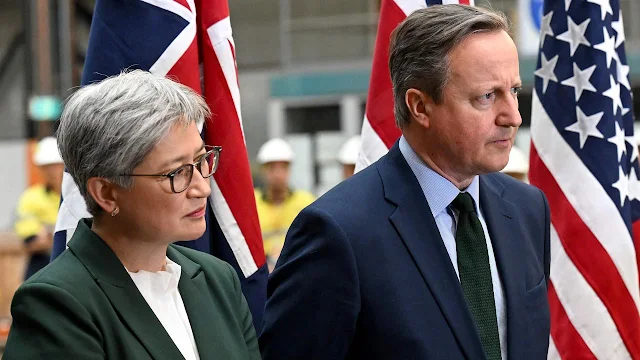 Image Attribute: Australia’s Foreign Minister Penny Wong with UK Foreign Secretary David Cameron in Adelaide on 22 March 2024 / Source: Michael Errey/AFP/Getty Images