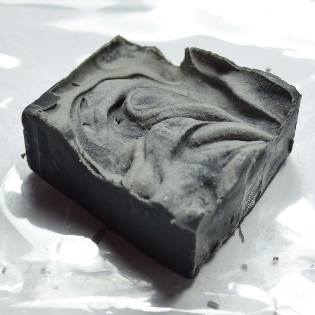 charcoal soap sample scented with Champagne Toast and Sweater Weather scent blend