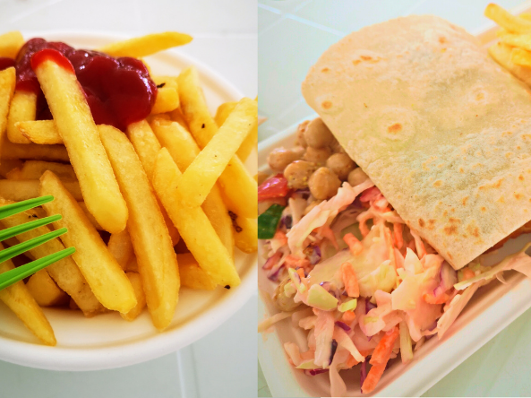 Close up image of some fries with ketchup on top and an image of a gluten free halloumi wrap with coleslaw and chickpea salad