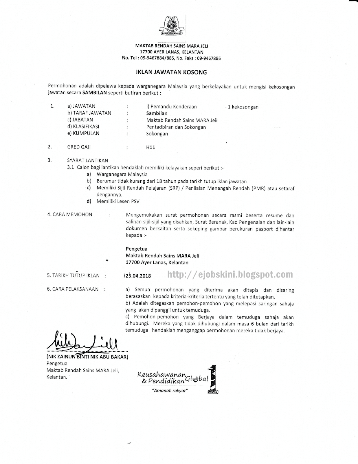 Jawatan Kosong Maktab Rendah Sains Mara (MRSM) - 25 April 2018