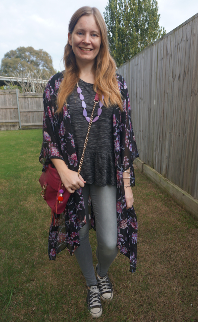 peplum tee grey jeans converse outfit with dark pruple floral kimono and prune rebecca minkoff MAC bag | awayfromblue