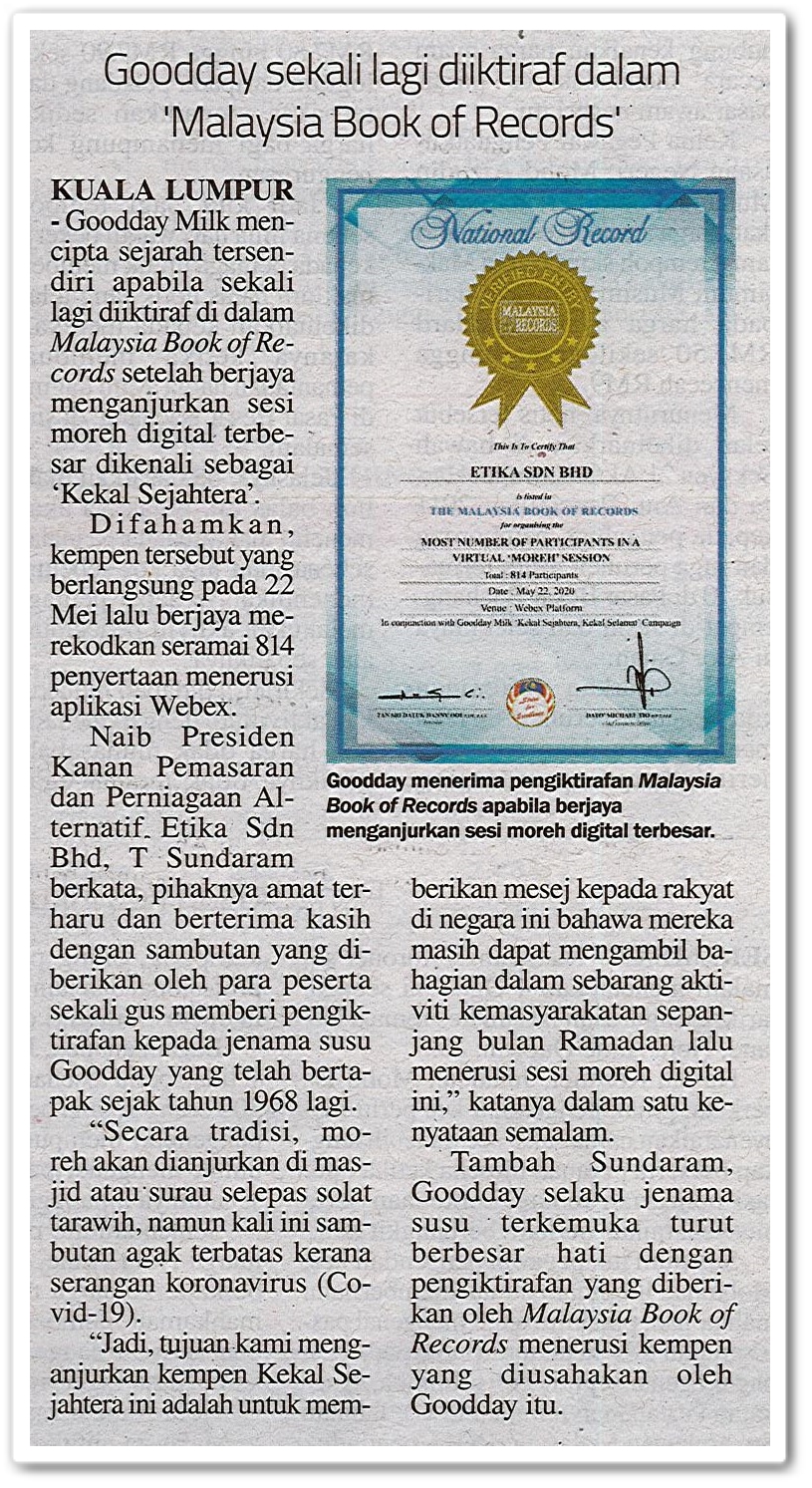 Goodday sekali lagi diiktiraf dalam 'Malaysia Book Of Records' - Keratan akhbar Sinar Harian 20 Jun 2020