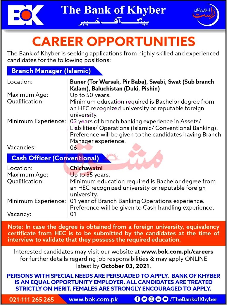 Bank of Khyber BOK Latest  Jobs 2021 - Online Apply