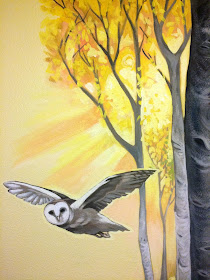 owl mural, barn owl painting, aspen mural, oregon mural, oregon muralist, owl flying mural