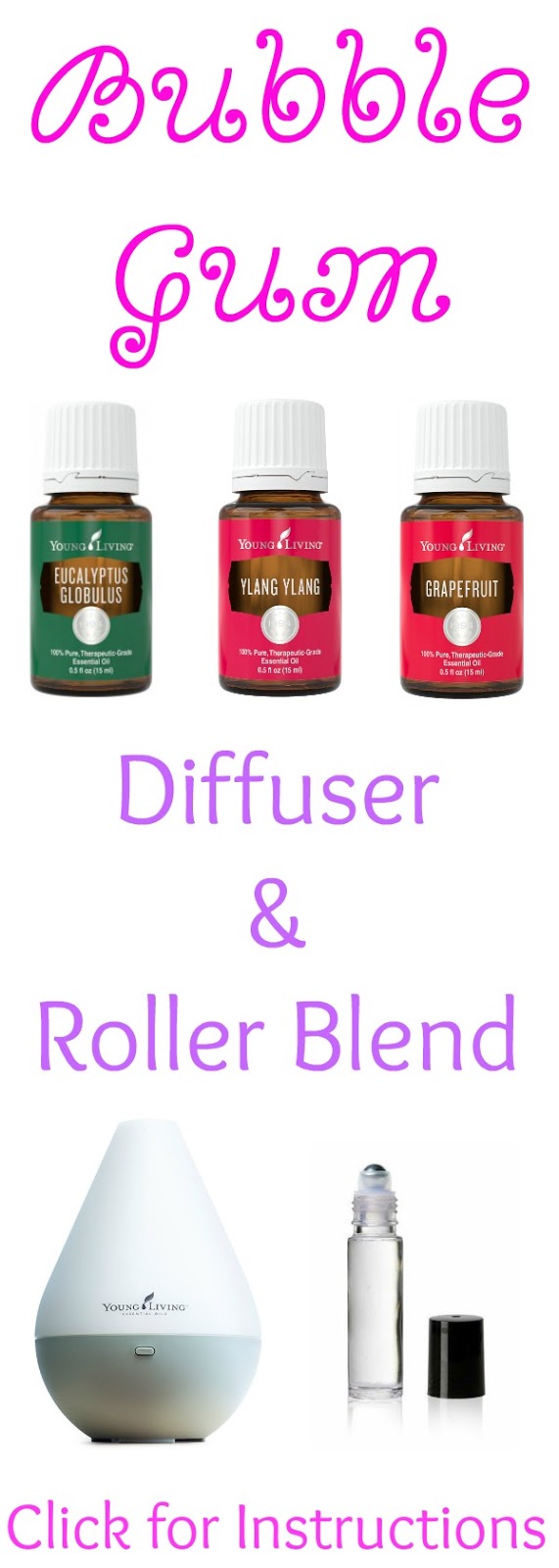 A fresh and fun diffuser or roller blend to use with Eucalyptus, Ylang Ylang and Grapefruit Young Living Essential Oils! You and your home will smell absolutely amazing! Bubble Gum Diffuser and Roller Blend from Mama Loves Her Oils!