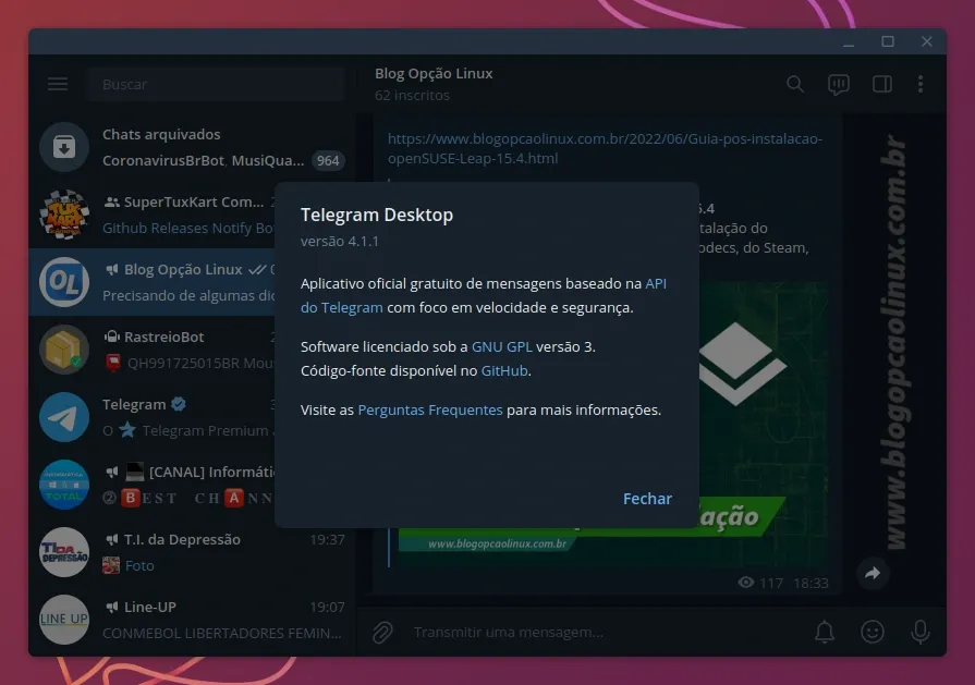 Telegram executando no Ubuntu 22.10 (Kinetic Kudu)