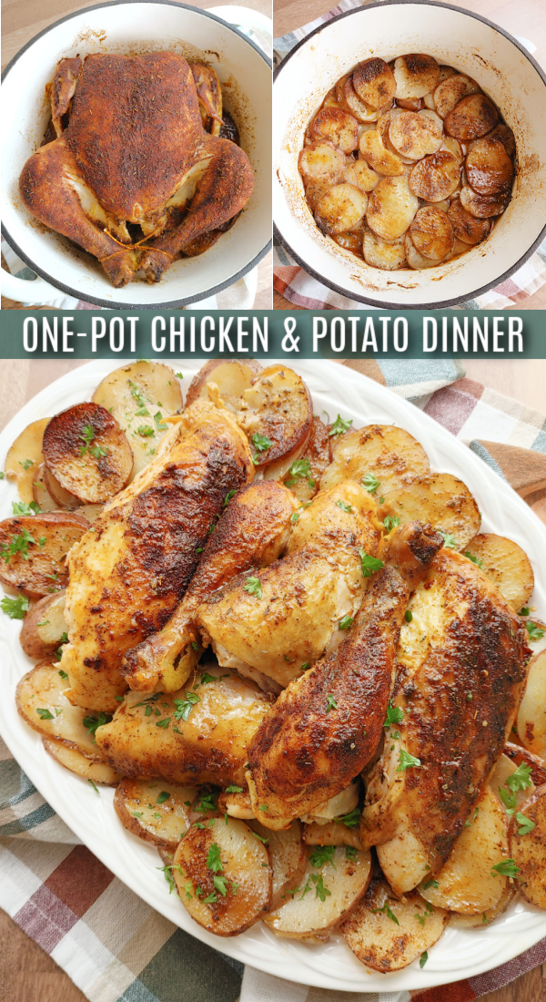 One-Pot Chicken & Potato Dinner! A super simple meal with rotisserie-seasoned chicken roasted on top of a bed of sliced potatoes in a Dutch oven.