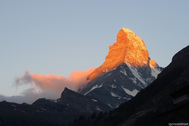 The Matterhorn at sun rise, at the time when the first rays of the sun hit its tip.