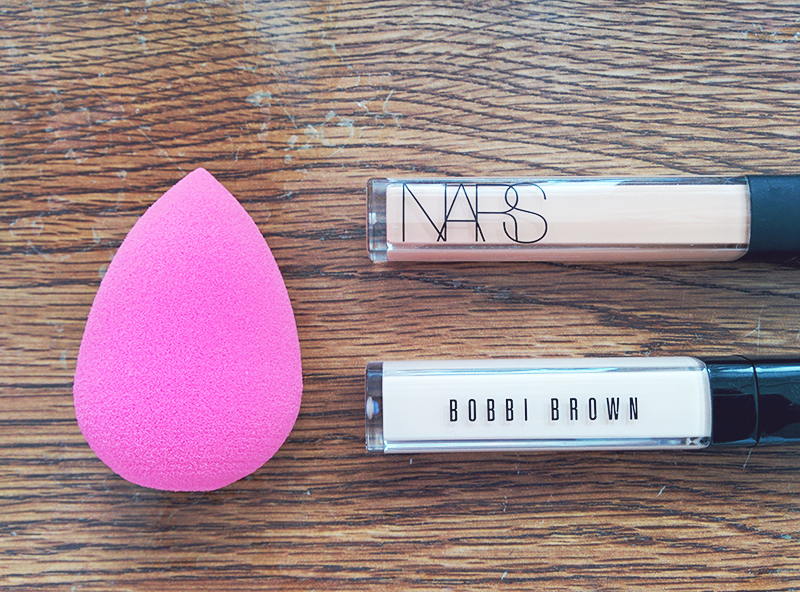 star violet - beauty blender, nars creamy concealer in honey, bobbi brown tinted eye brightener in porcelain bisque