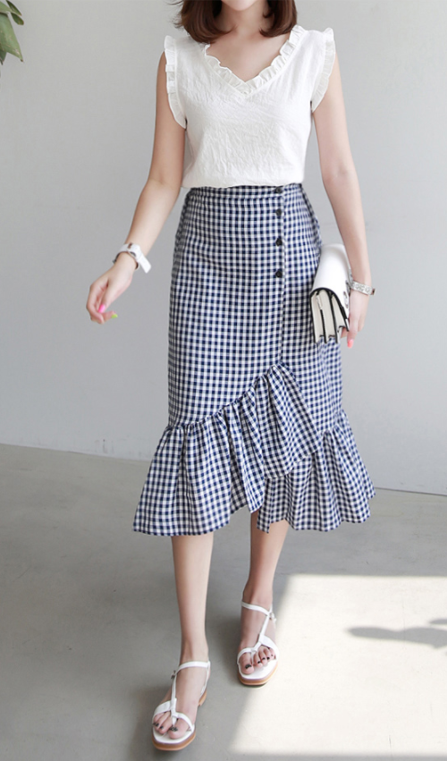  Gingham Check Asymmetrical Hem Skirt