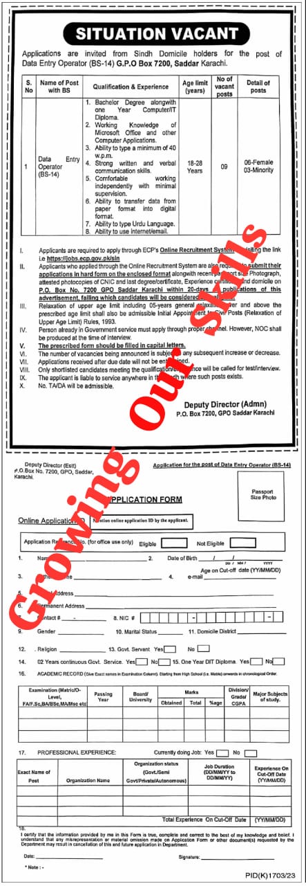 Government Job Opportunity in Karachi for Data Entry Operator (2023)-Growing Our Skills