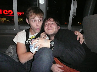 Barry MacKichan, singer for Kiros, gives my friend Eli a birthday hug.