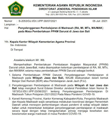 Surat Resmi KEMENAG Tentang Penyelenggaraan Pembelajaran di RA/Madrasah pada Masa Pemberlakuan PPKM Darurat Jawa dan Bali
