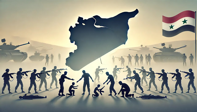 A silhouette of the map of Syria in the background. In front, a group of figures gently placing down their weapons, symbolizing de-escalation and the end of conflict