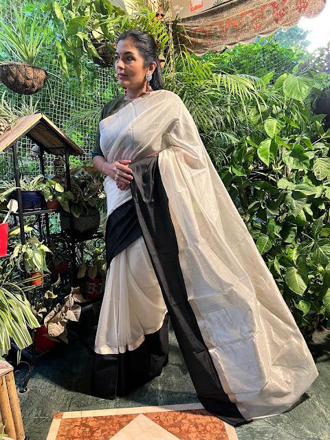 Silk Chanderi saree- white, black and silver.