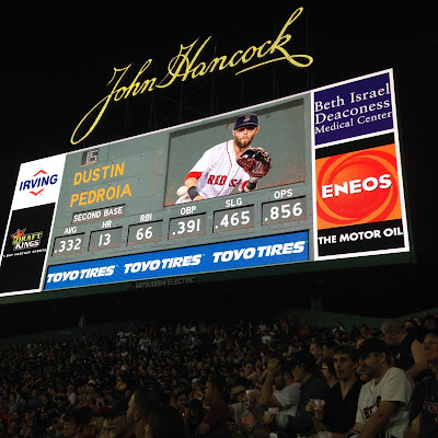 Dustin Pedroia on the Jumbotron at the Bleachers of Fenway