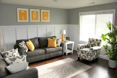 living room with dark grey sofa