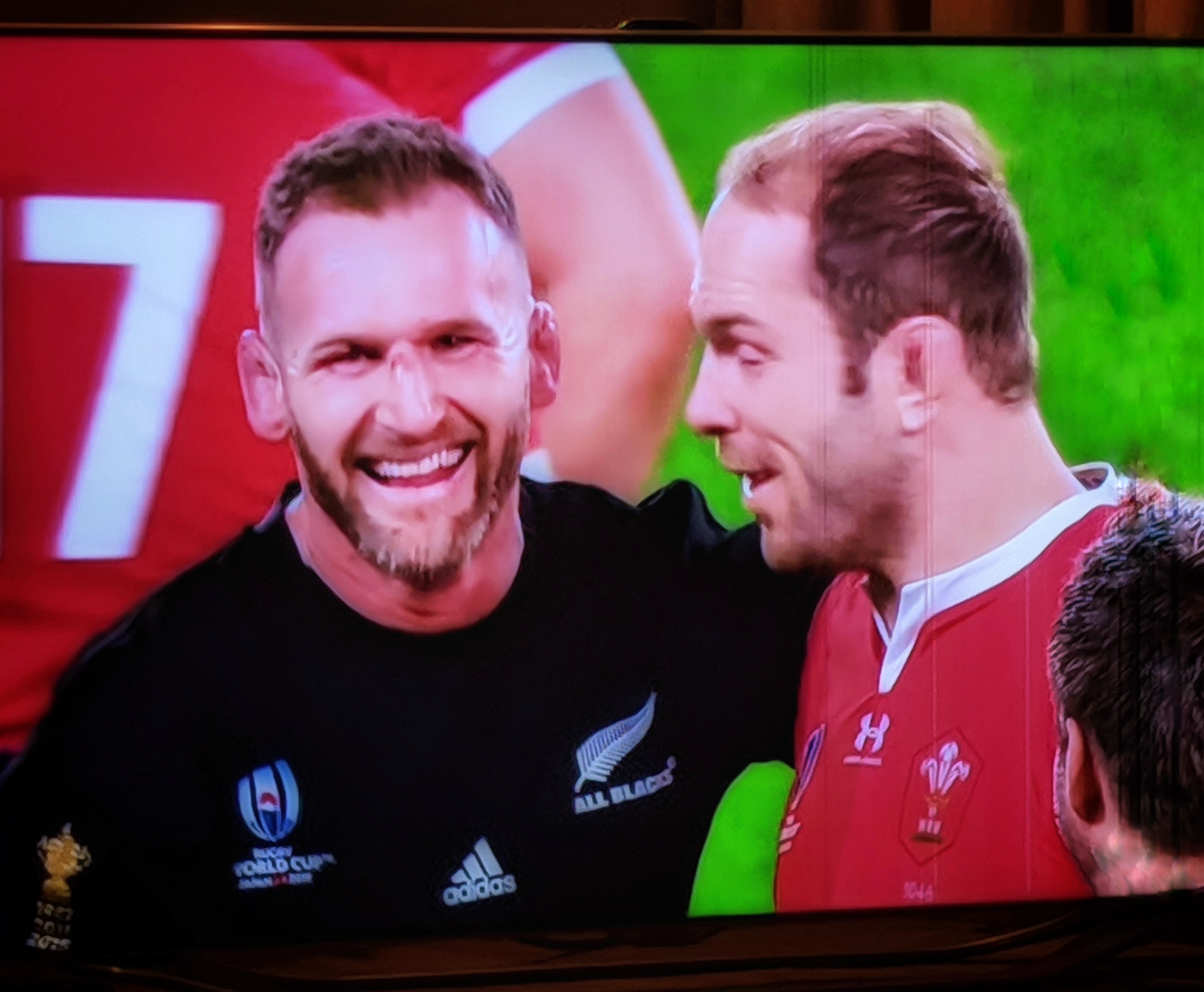 All Back captain, Kieran Read, and Welsh captain, Alun Wyn Jones, after the third-place playoff in the Rugby World Cup 2019