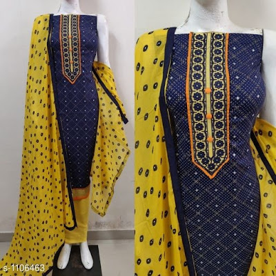 Alluring Attractive Cotton Suits & Dress Materials | TOP* : Cotton + Embroidery & Polka Dots (2.50 Mtr) *BOTTOM* : Cotton + Solid (2.25 Mtr) *DUPATTA* : Cotton + Bandhani Printed (2.25 Mtr)