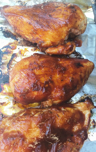 pieces of bbq chicken basted with sauce on the grill