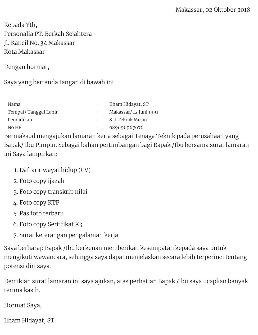 contoh surat lamaran kerja - lowongan kerja kalimantan tengah