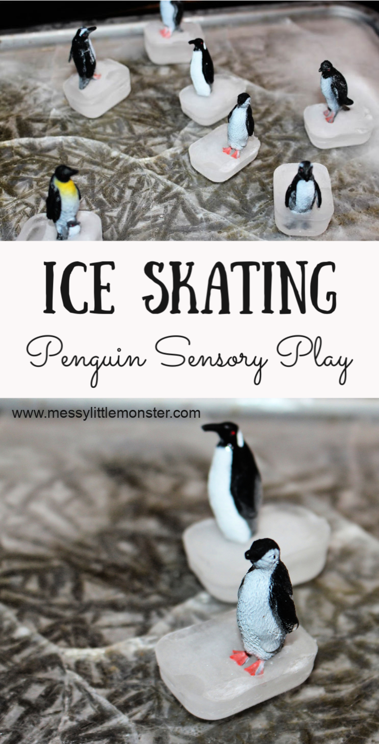 Sensory play for toddlers and preschoolers. Create an ice skating penguin small world by making a diy ice rink. If you are looking for melting experiements for toddlers or fun winter activities this penguin sensory play activity is perfect!